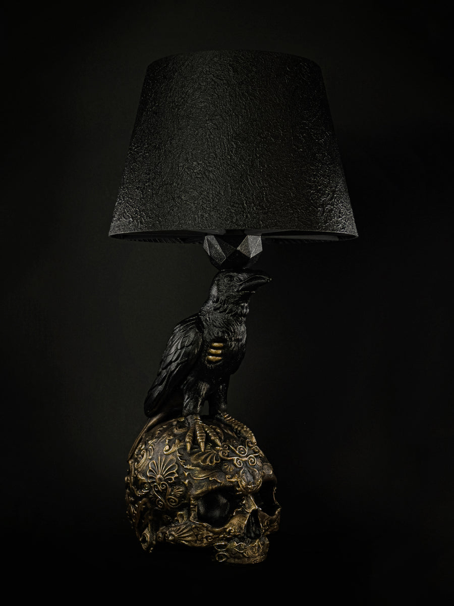 Raven Skull sculptural lamp with black raven and gold filigree skull