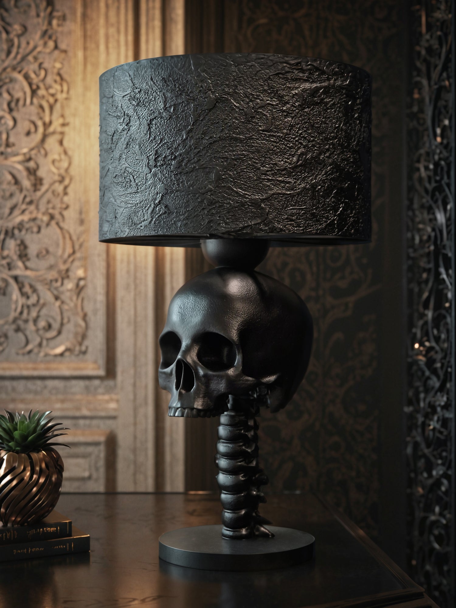 Rose Gold and Black Splatter Skull Lamp // Skull newest Decor // Skull Lamp // Handmade by Haus of Skulls