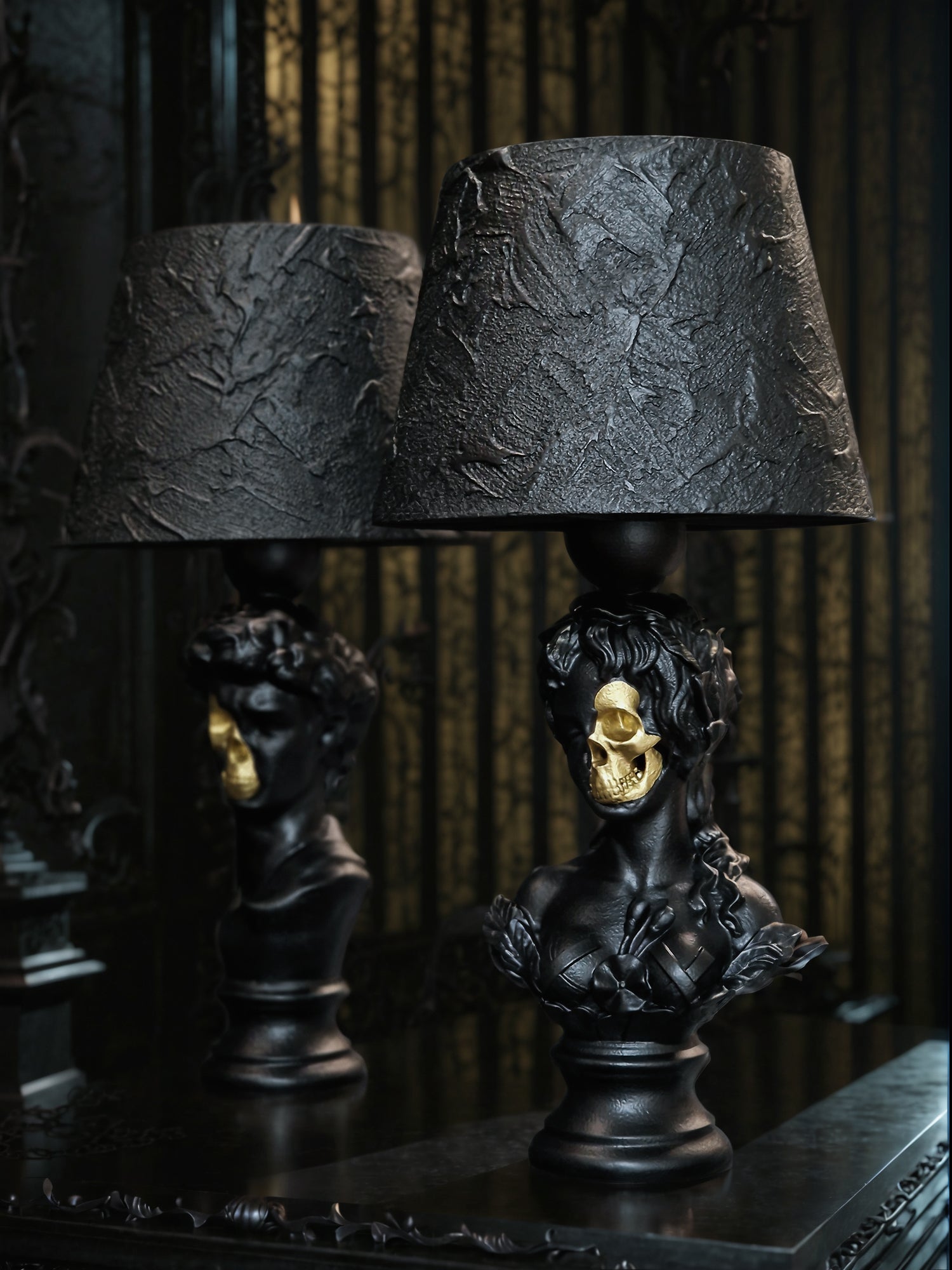 Venus lamp on a bedroom nightstand, casting elegant shadows for a hauntingly chic decor vibe.