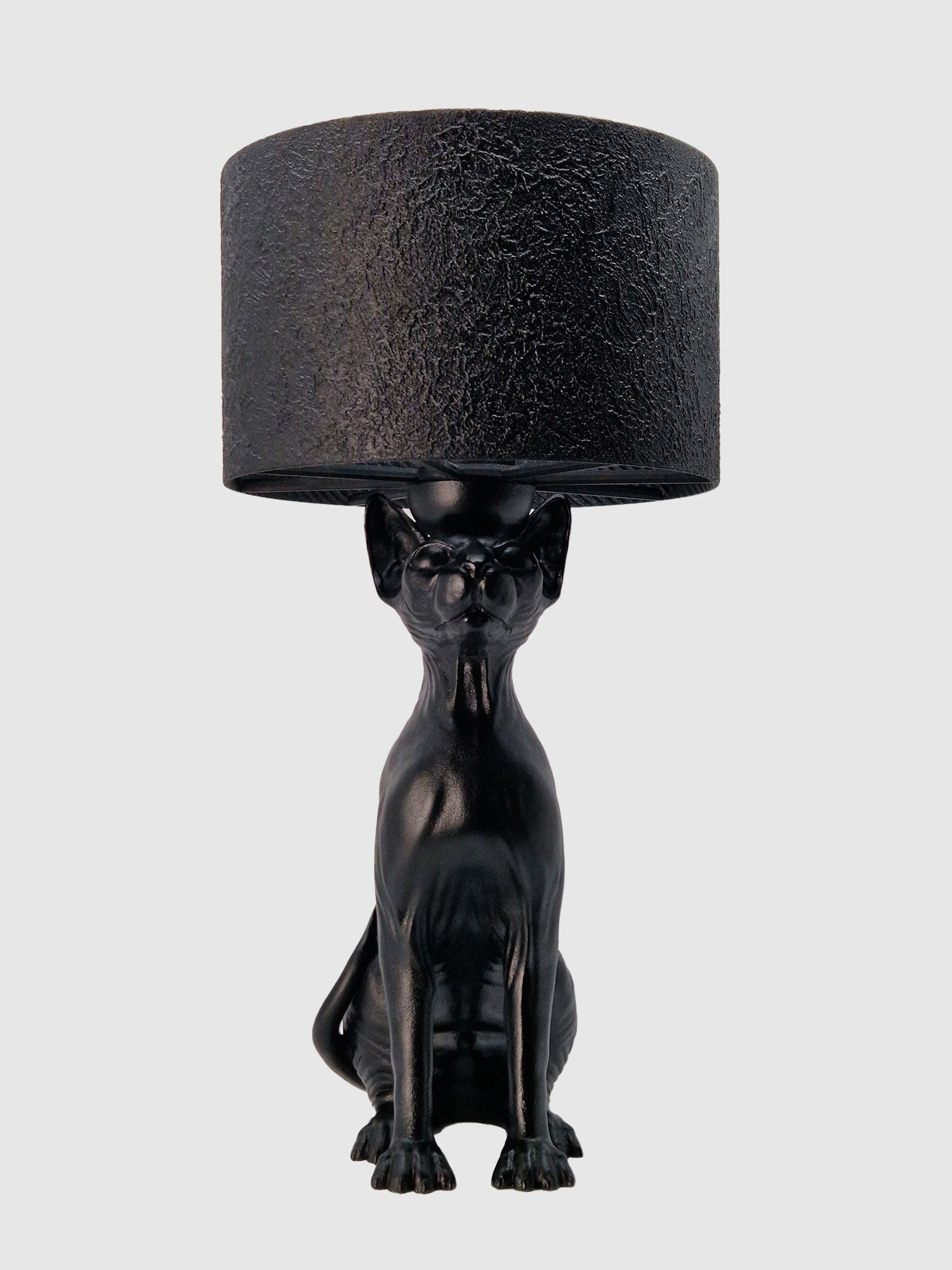 Front view of a hairless Sphynx cat sculpture lamp in matte black, showcasing anatomical skin details, author Horror Romance.