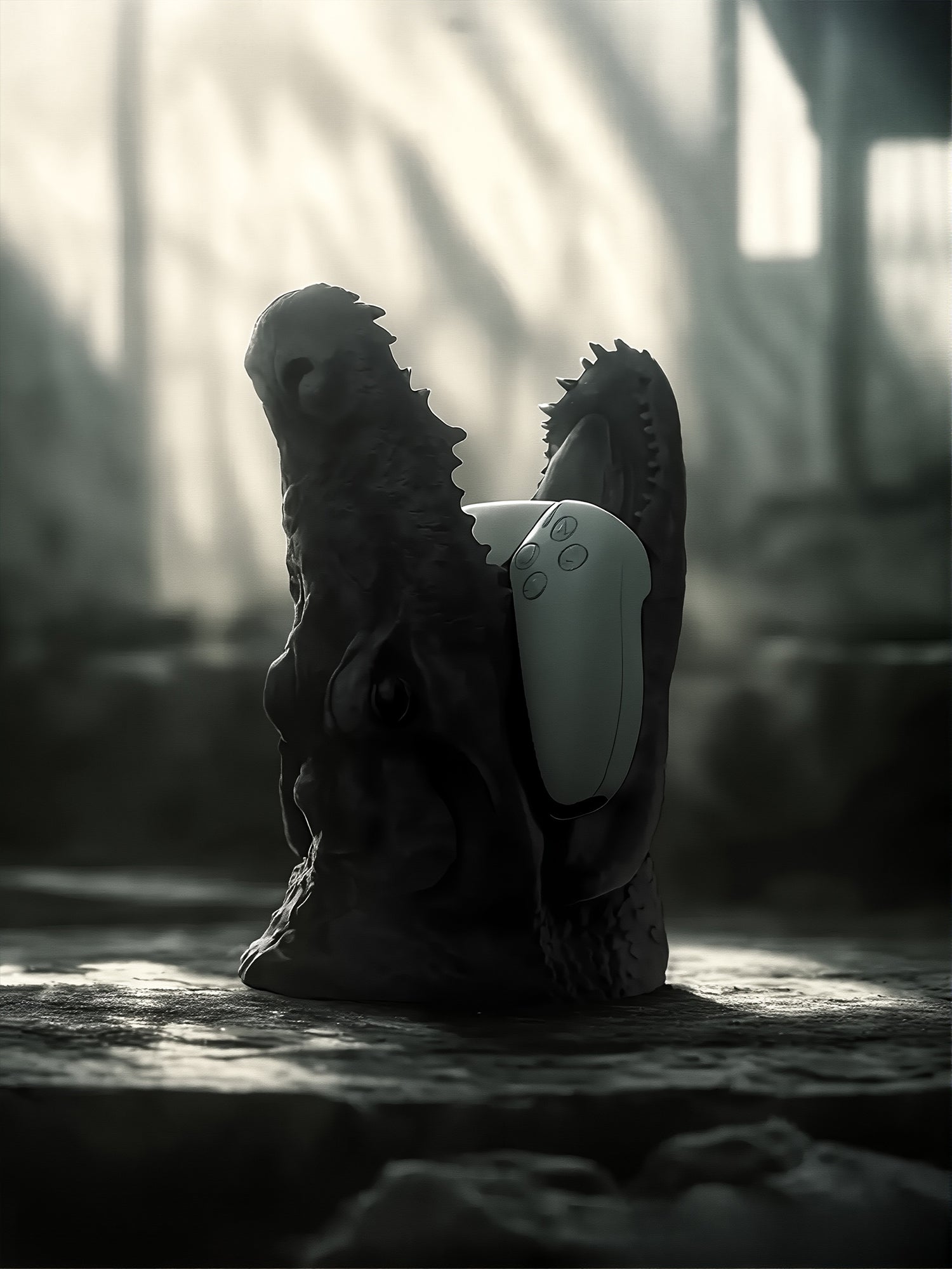 Cinematic silhouette shot of the crocodile jaw controller stand in a dark, atmospheric gaming room setup.