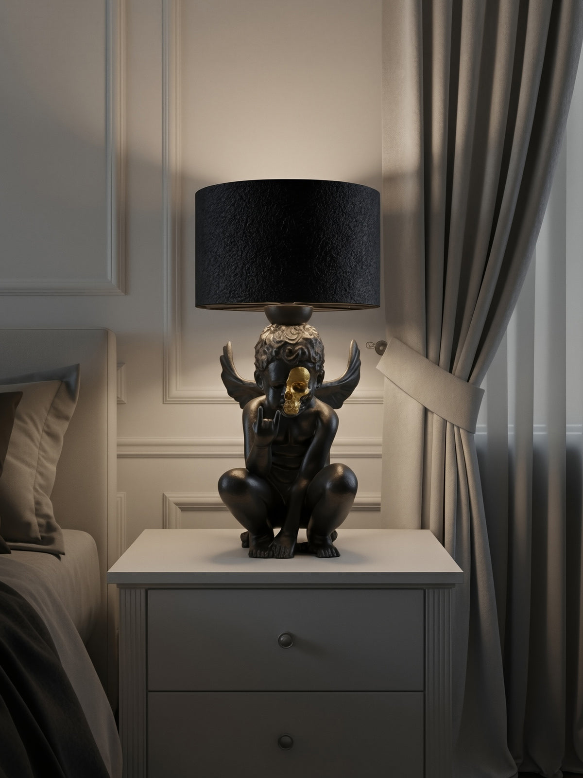 Lifestyle shot of the Rebel Angel cherub lamp on a white nightstand in an elegant Dark Academia style bedroom.