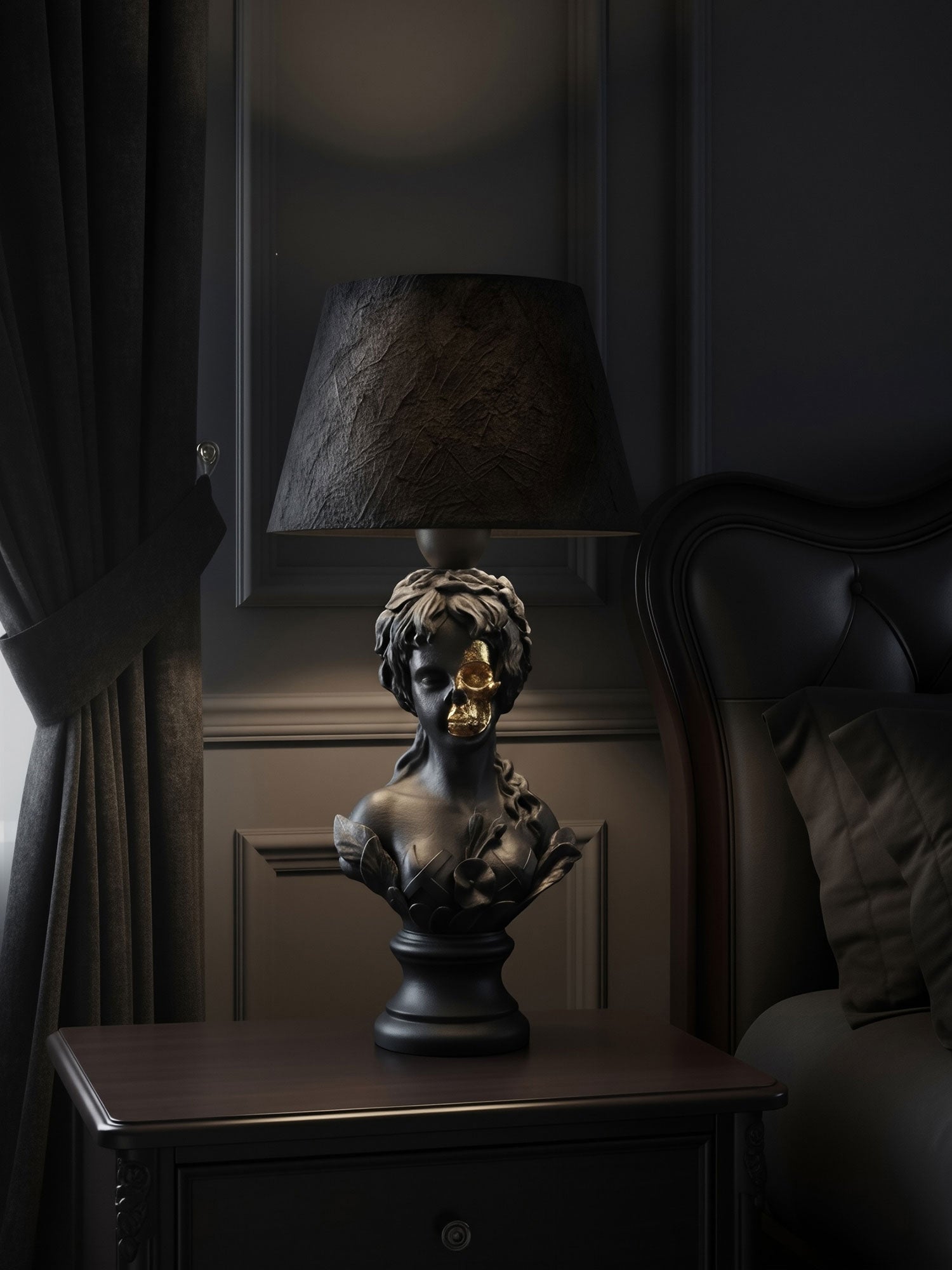 Lifestyle shot of the Venus half-skull lamp on a dark wood nightstand in a moody, gothic-themed bedroom, product created by Horror Romance.