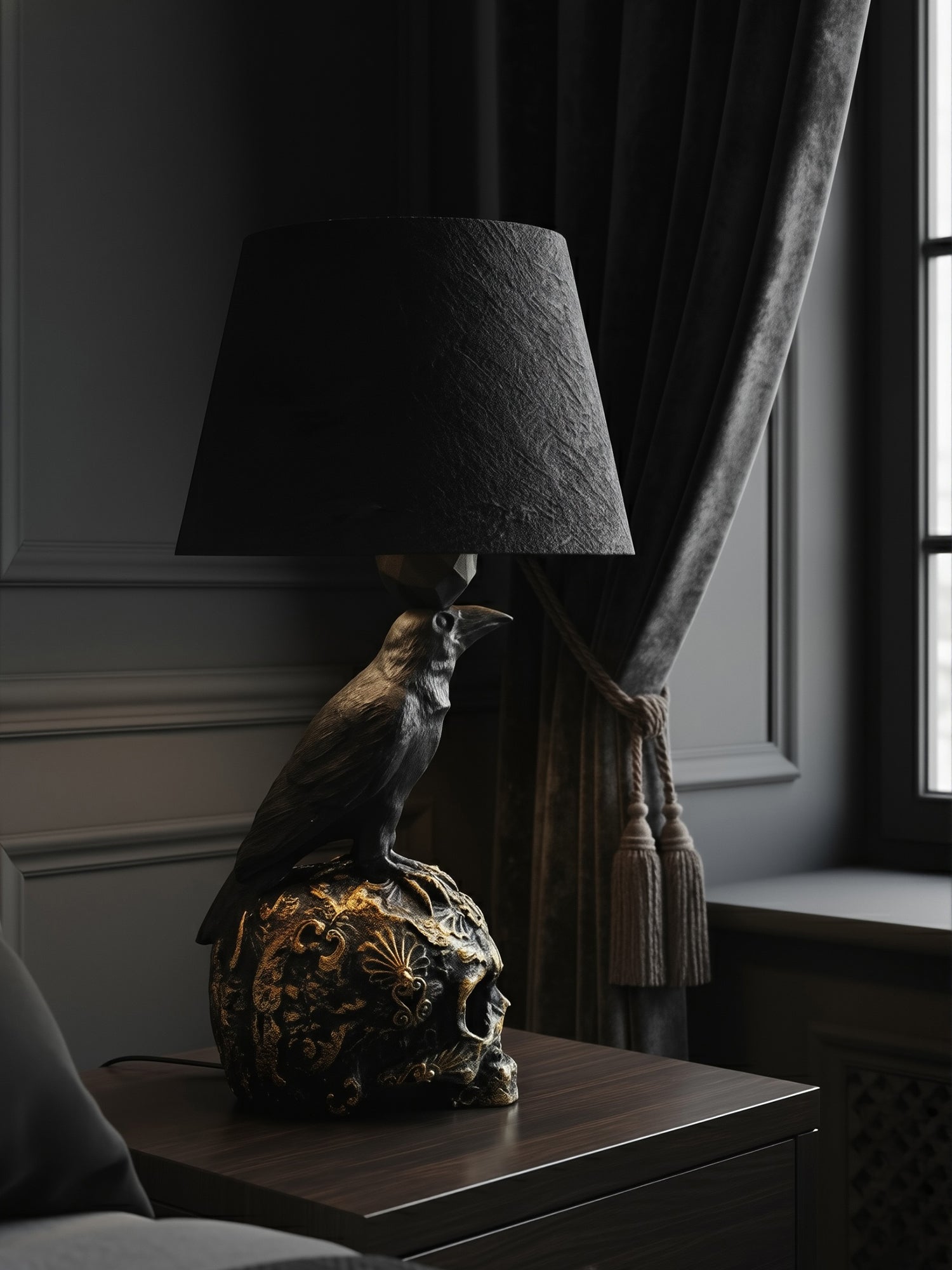 Lifestyle shot of the Raven Skull lamp in a moody Dark Academia study with grey paneling and window light designed by Horror Romance.