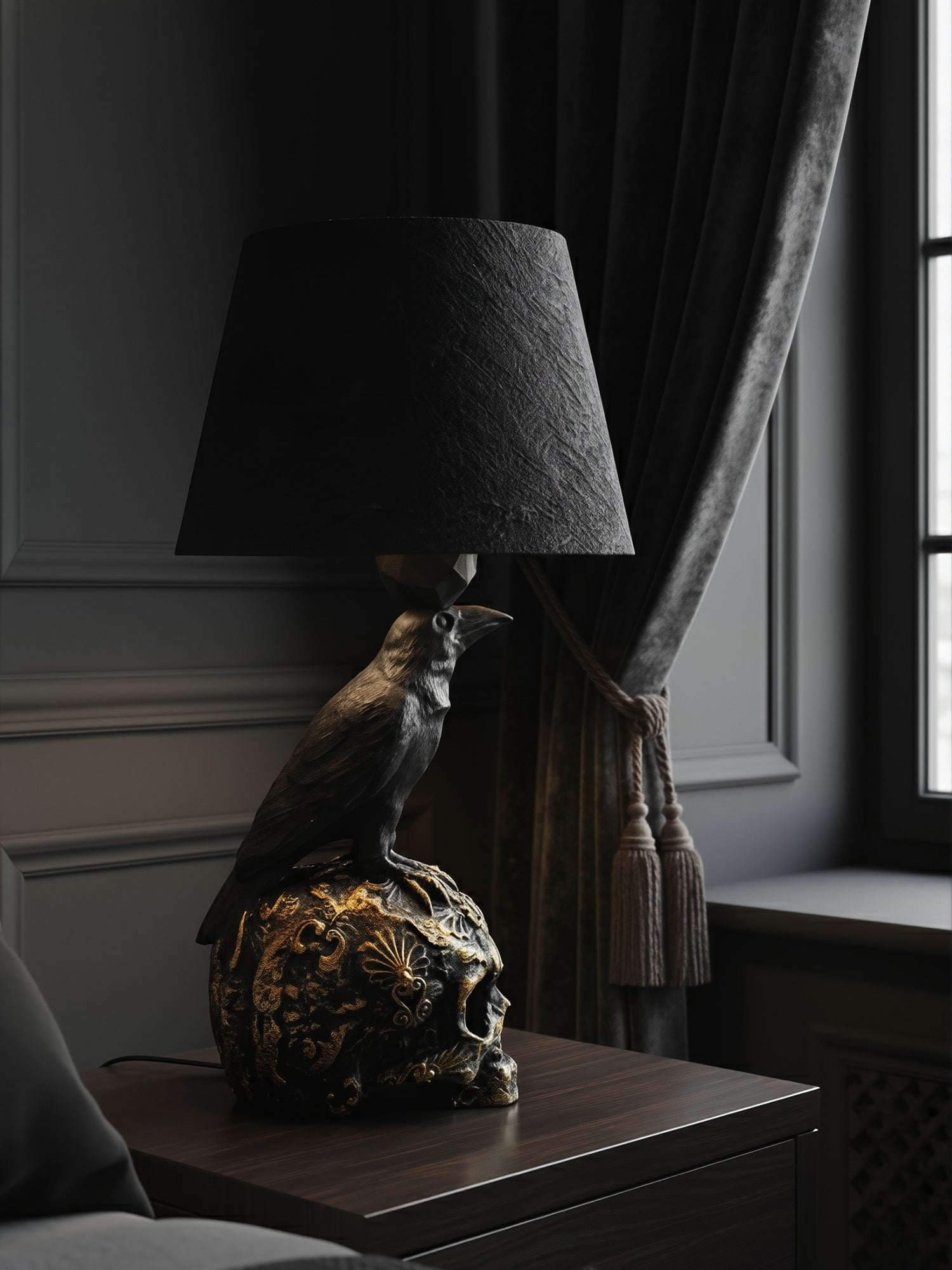 Lifestyle shot of the Raven Skull lamp in a moody Dark Academia study with grey paneling and window light.