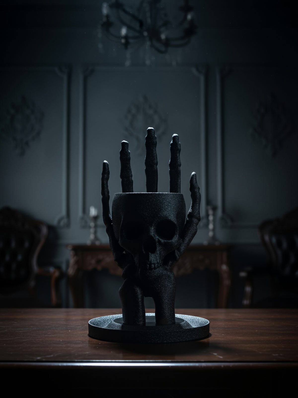 Cinematic lifestyle shot of the skull jewelry holder on a wooden table in a moody, dark academia room.