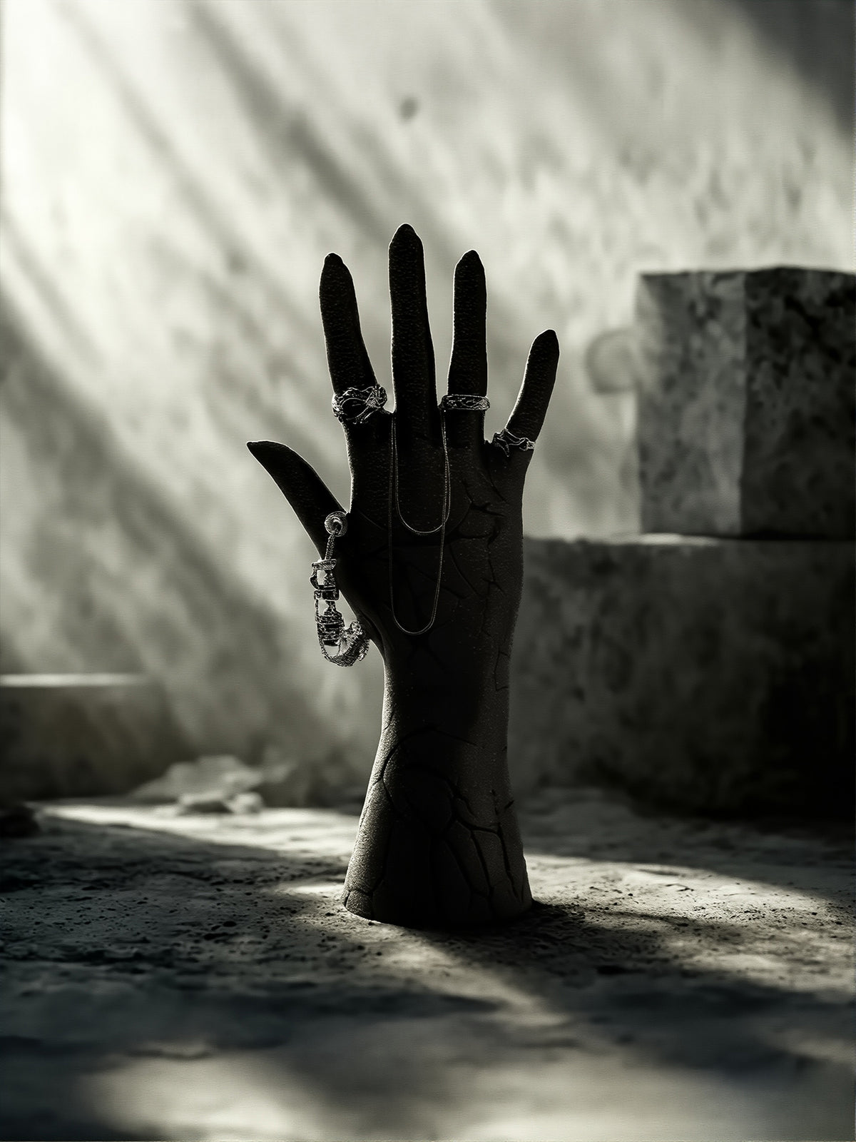 Cinematic lifestyle shot of the cracked hand jewelry holder in a moody room with dramatic shadows and stone textures.