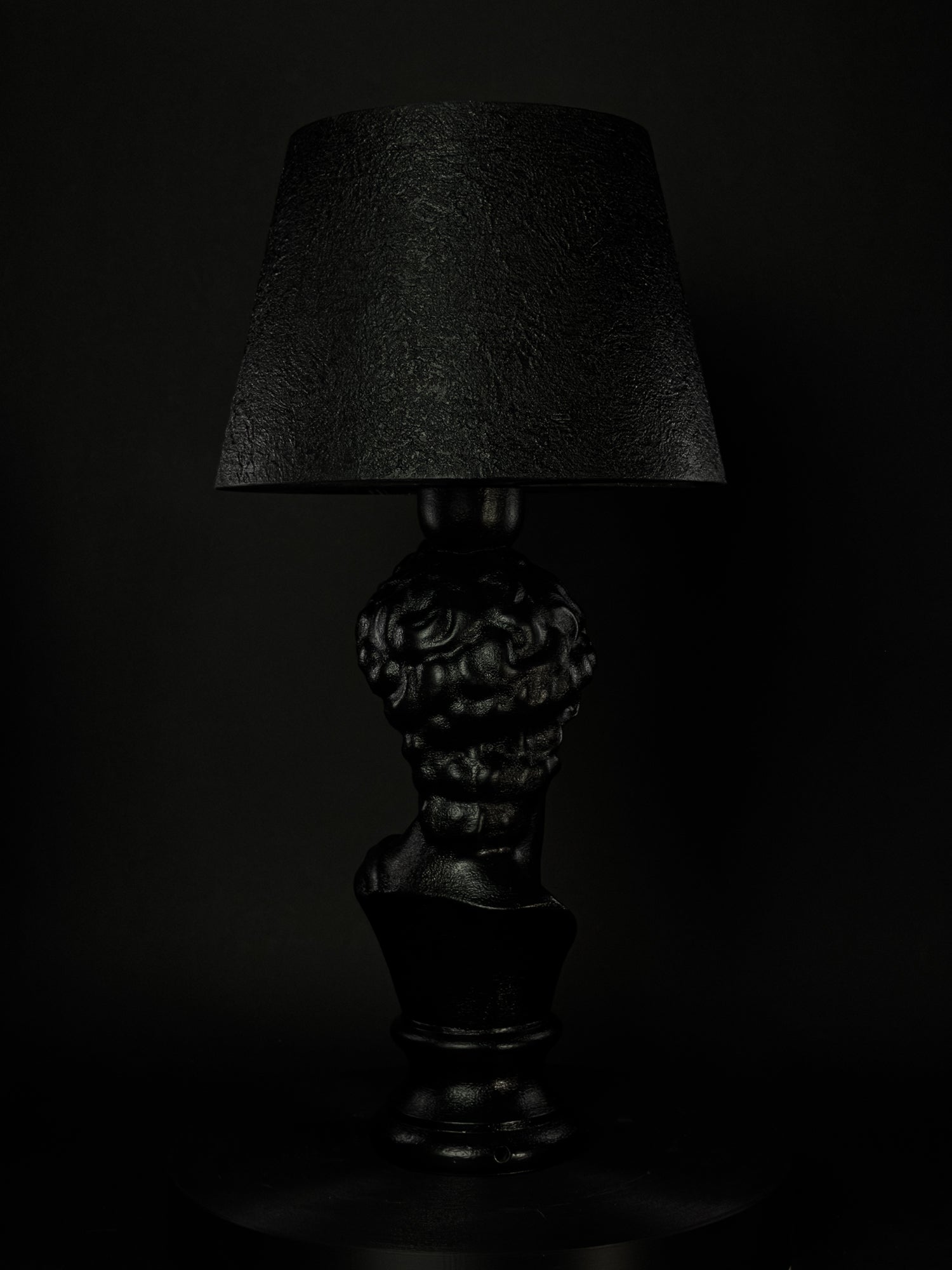 Back view of the satin-black David bust lamp and textured black shade