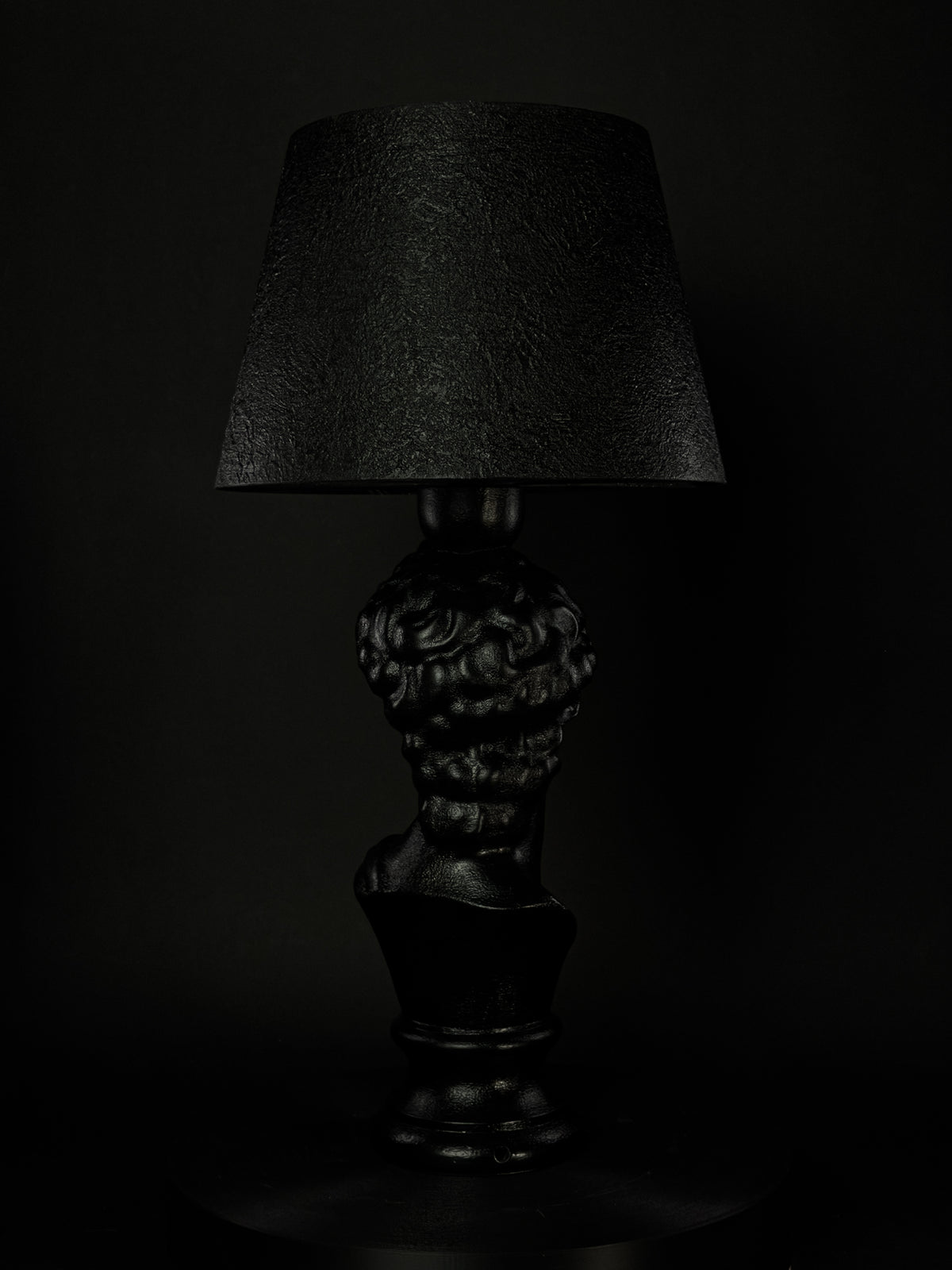 Back view of the satin-black David bust lamp and textured black shade