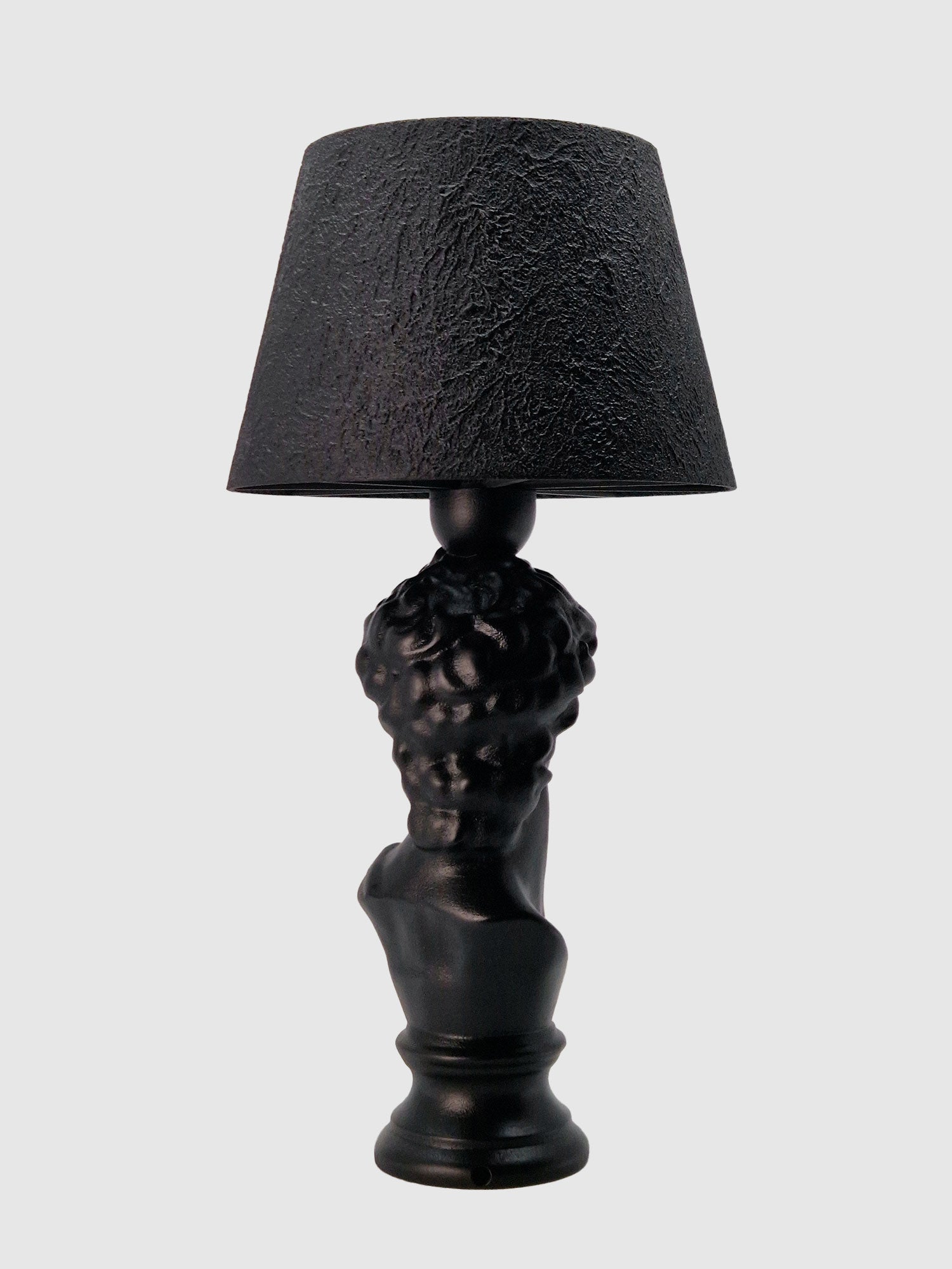 Back view of the David Renaissance bust lamp showing the detailed sculpture work in matte black designed by Horror Romance.