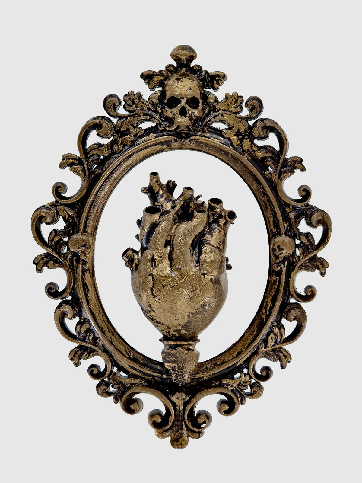 Front view of the Framed Heart wall plaque: a realistic 3D anatomical heart centered in an ornate black baroque frame.