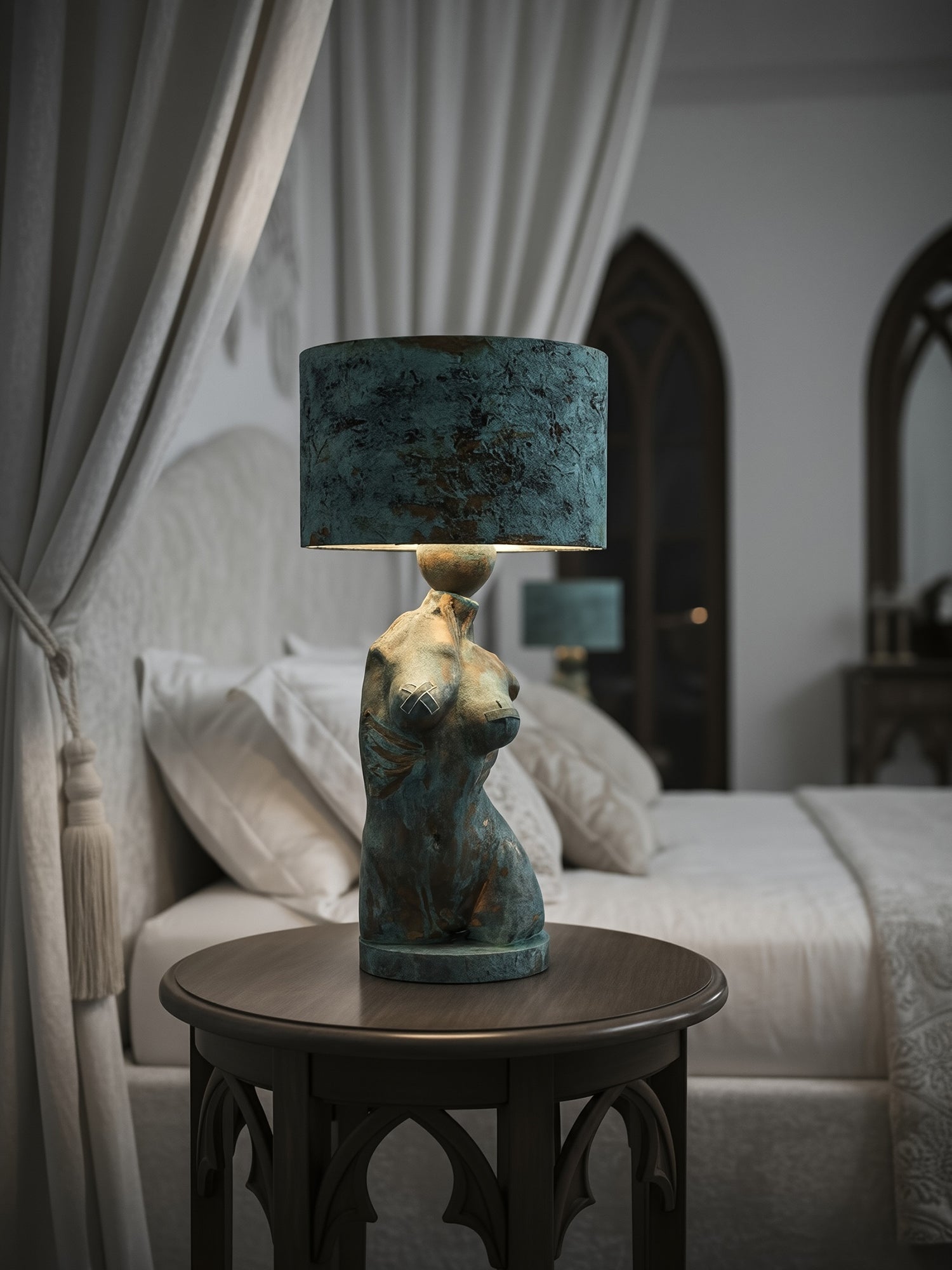 Lifestyle shot of the Verdigris lamp on a dark wood nightstand in a bright, classical Light Academia bedroom.