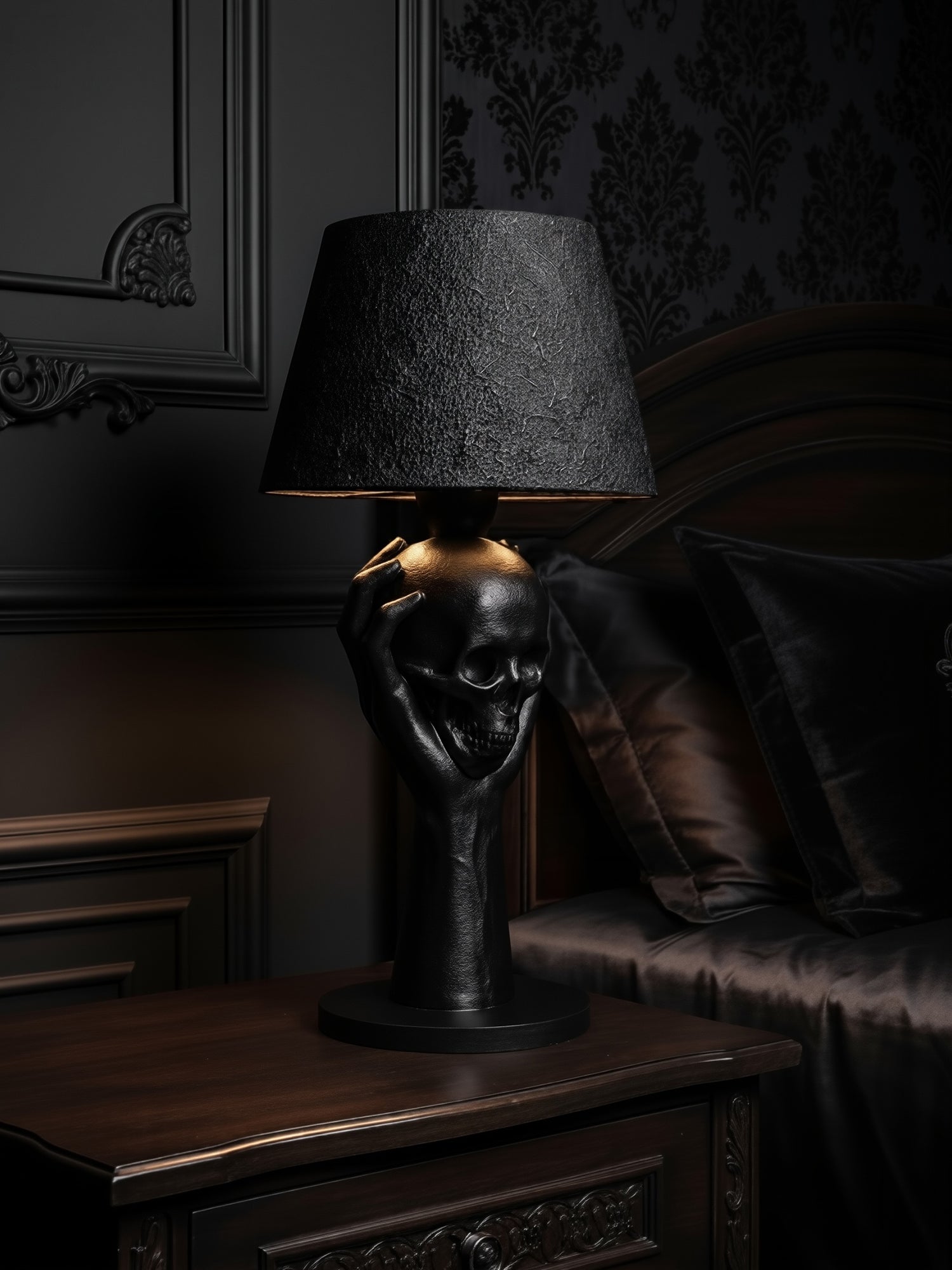 Lifestyle shot of the 'To Be or Not To Be' lamp on a dark wood nightstand in a moody, elegant gothic bedroom.