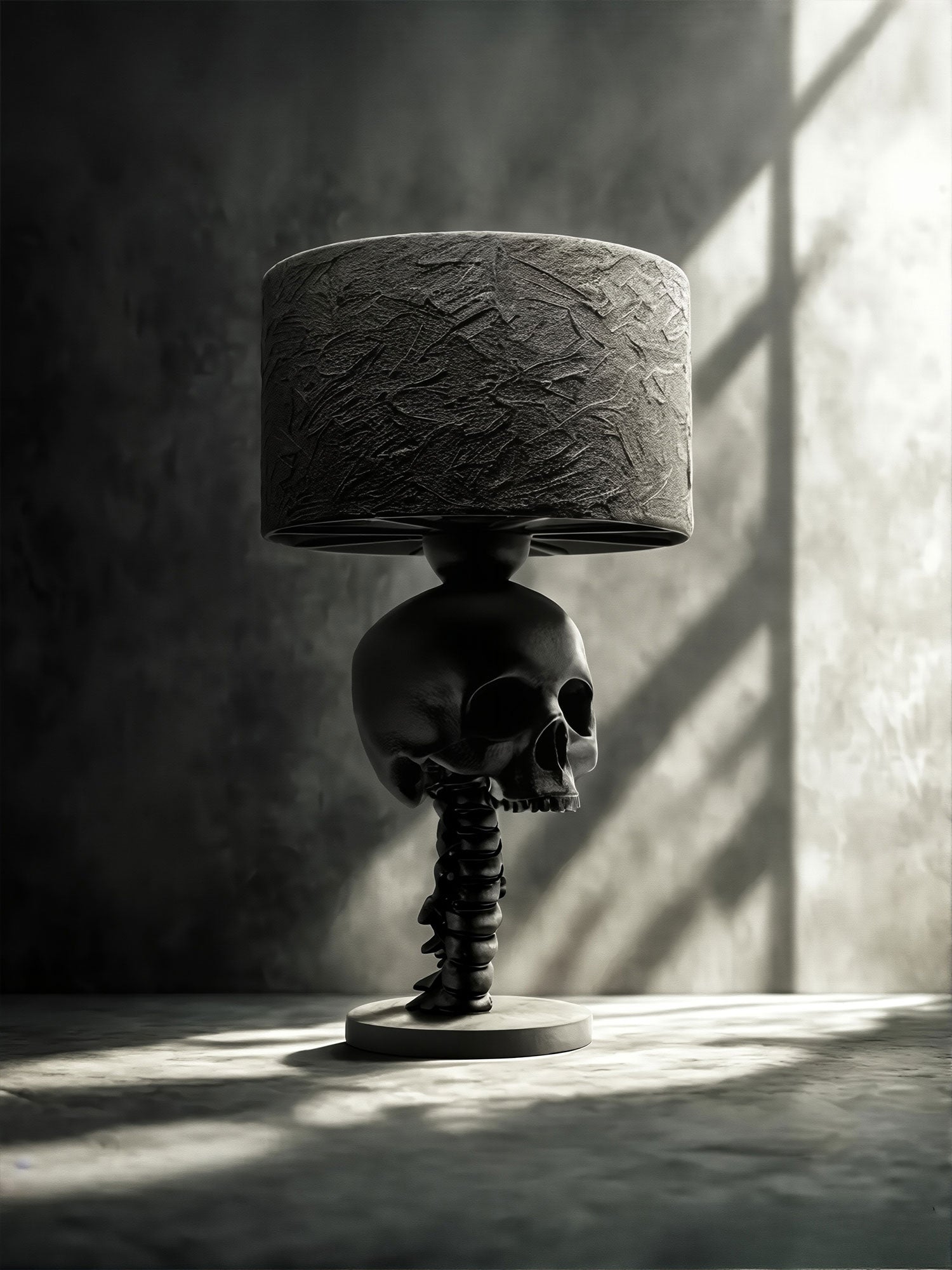 Artistic lighting shot of the Skull Spine lamp with dramatic shadows, emphasizing the macabre aesthetic, created by Horror Romance.