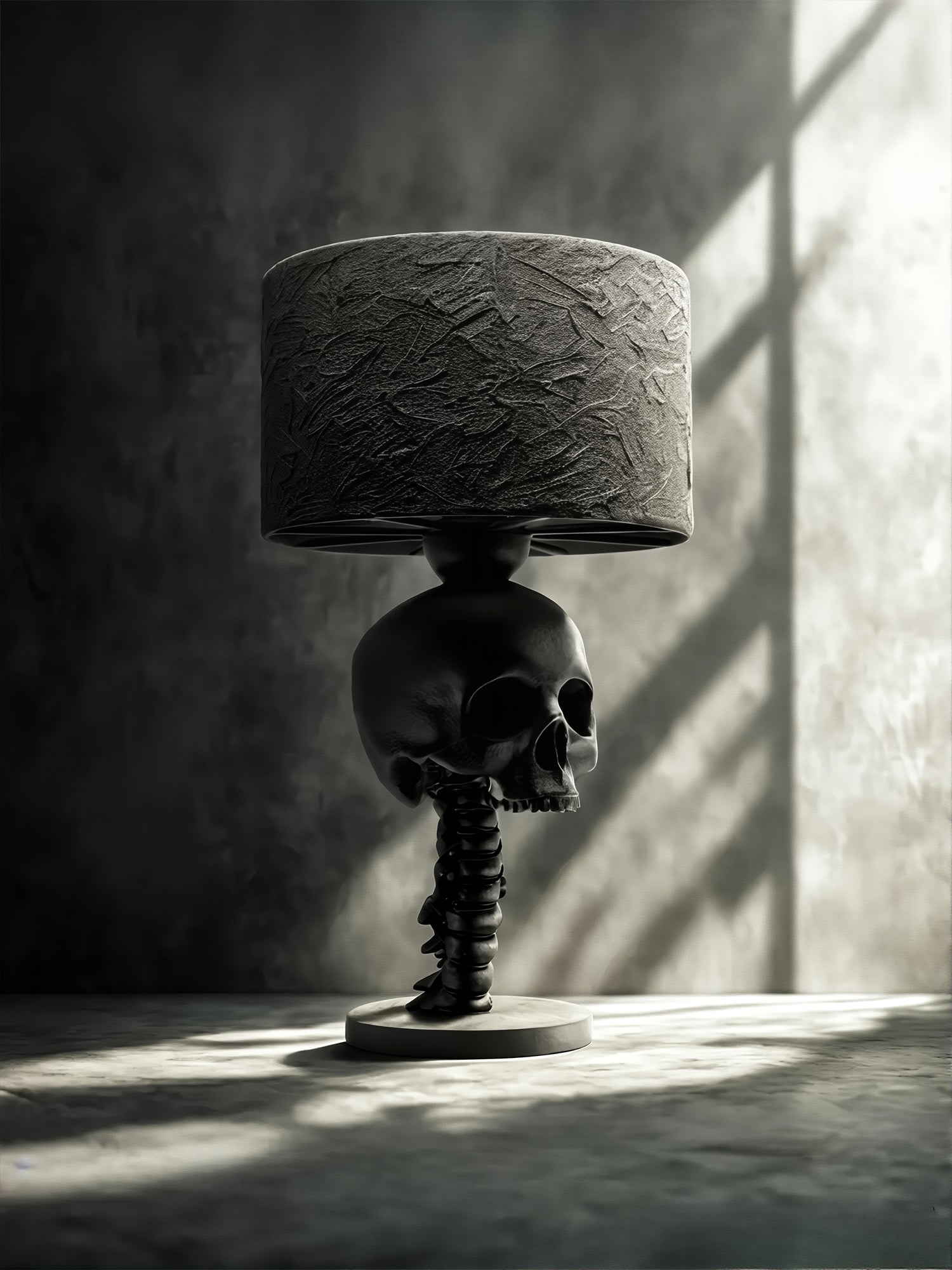 Artistic lighting shot of the Skull Spine lamp with dramatic shadows, emphasizing the macabre aesthetic.
