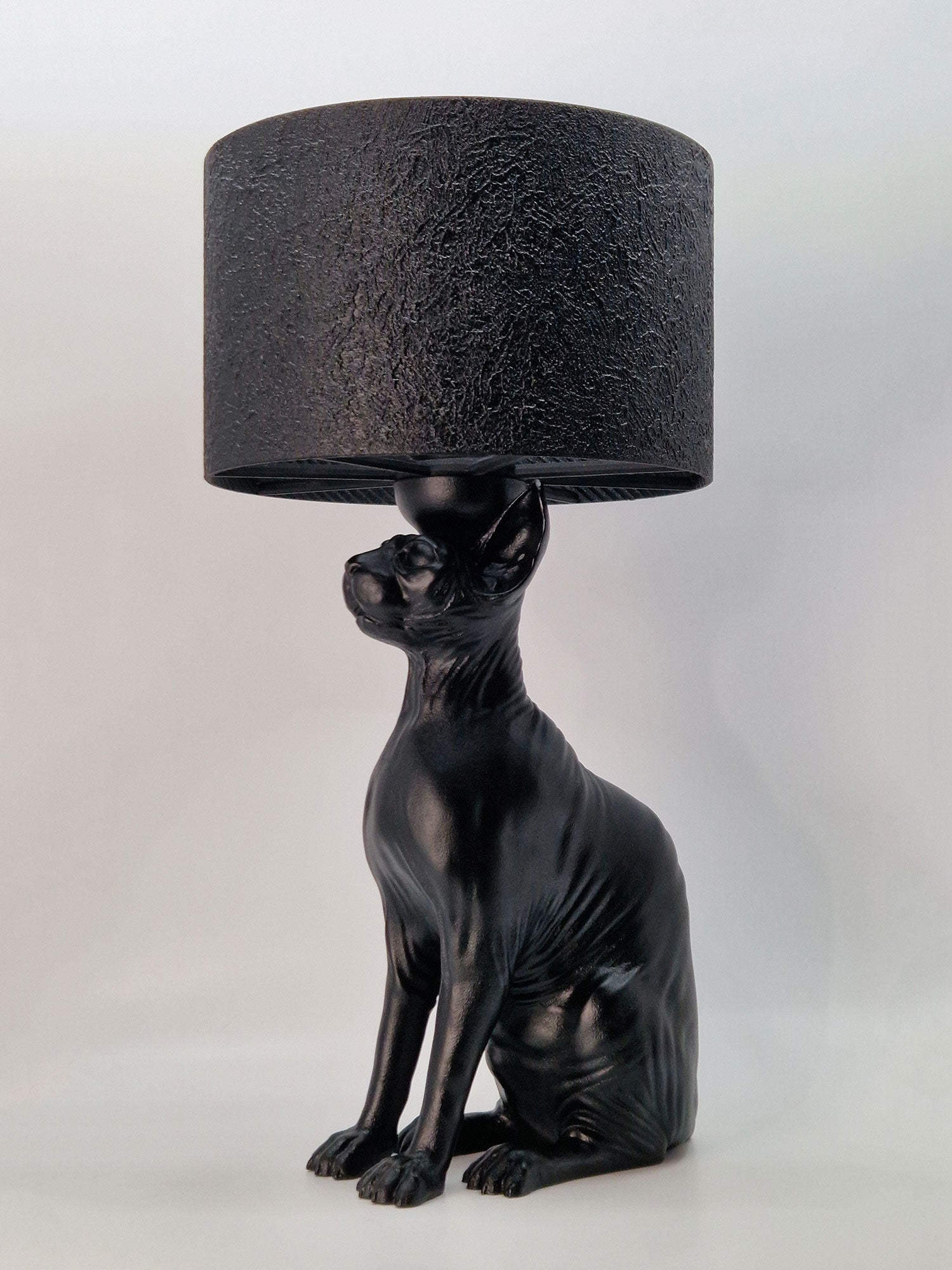 Close-up side view of the hairless cat lamp base featuring a smooth matte black finish and textured shade.