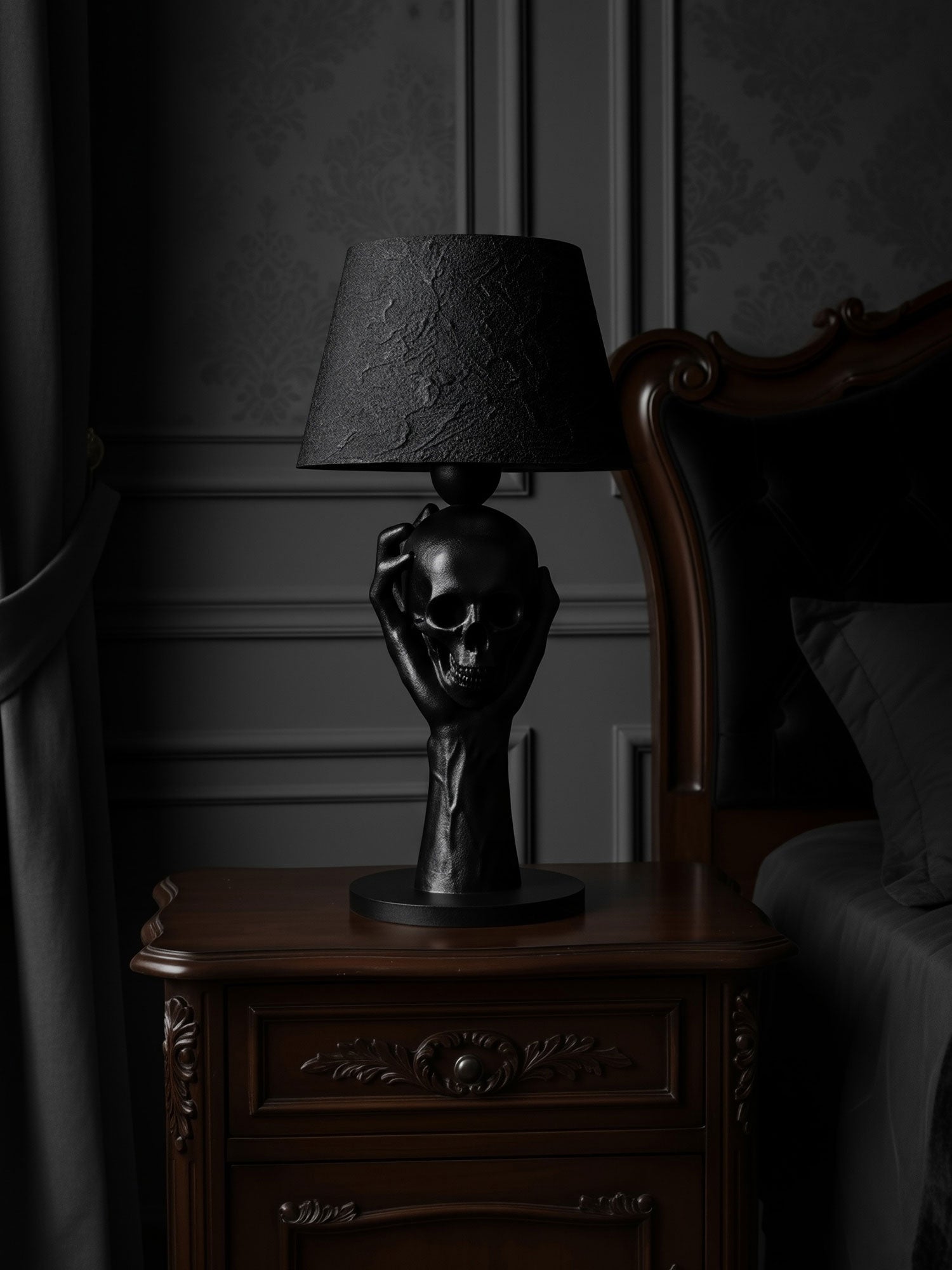 The Hamlet-inspired skull lamp styled in a dark room with classical molding, ideal as a gift for literature lovers, Horror Romance design.