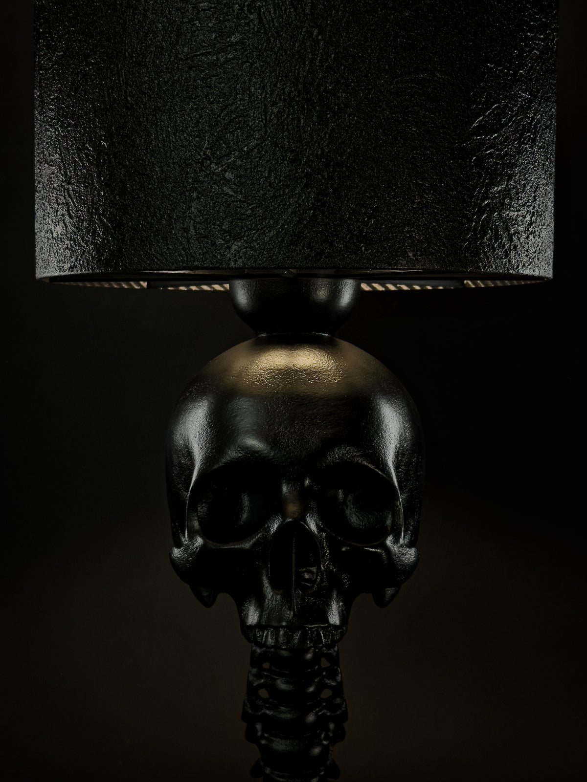 Front close-up of the illuminated Skull Spine lamp with light falling across the skull