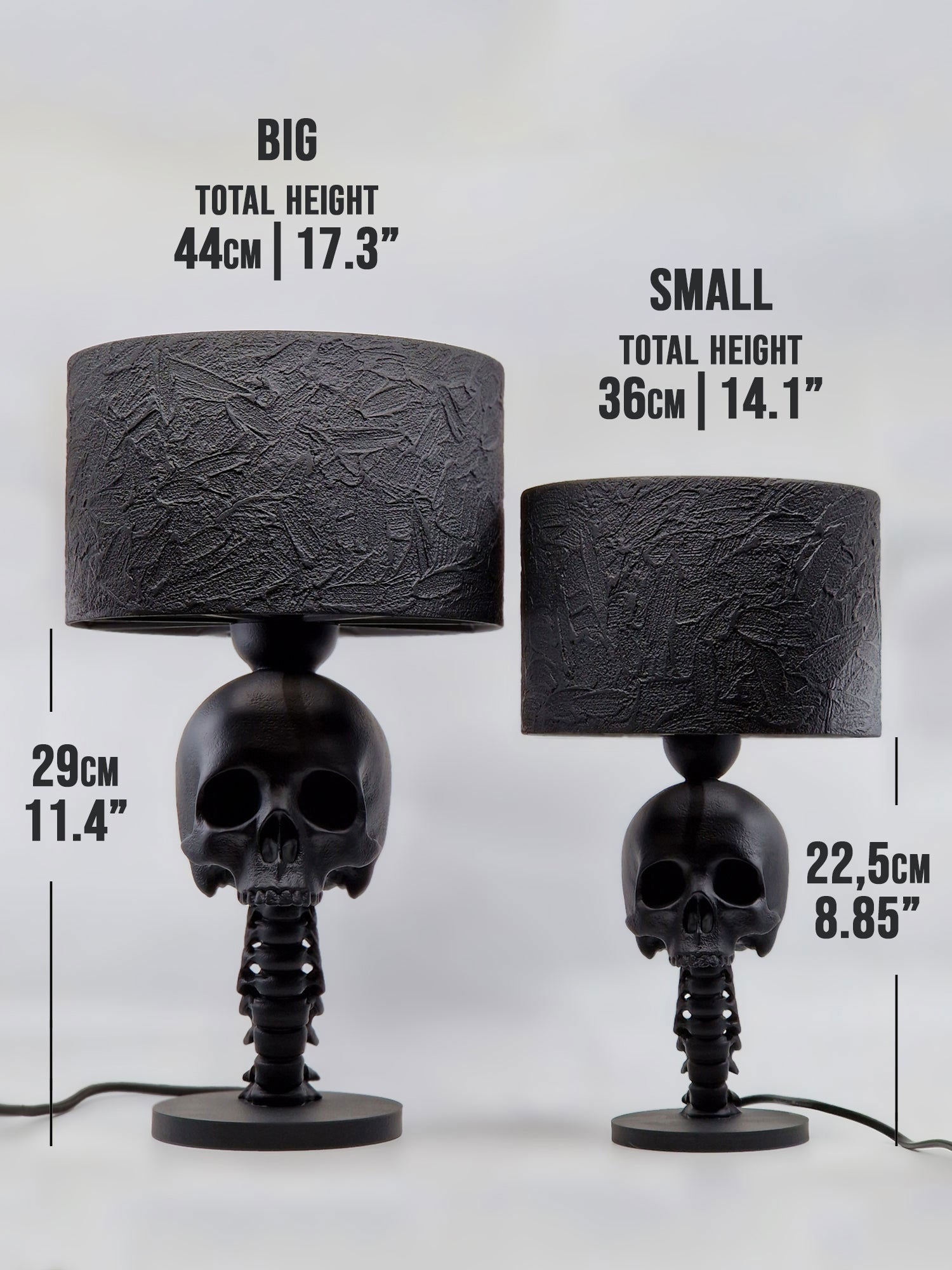 Size comparison chart between the Big (17.3 inch) and Small (14.1 inch) versions of the Skull Spine anatomical lamp, designed by Horror Romance.