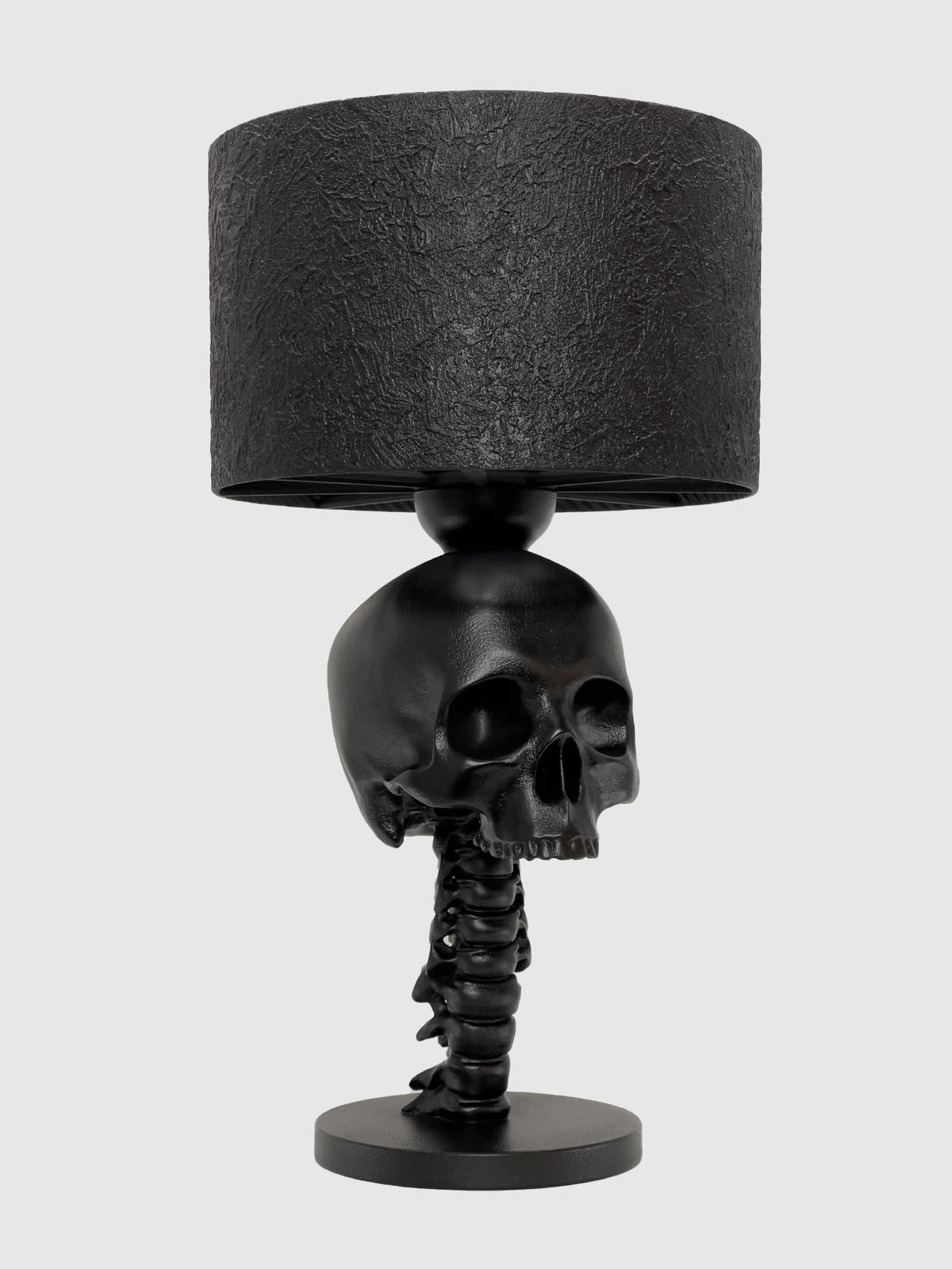 A three-quarter perspective of the Skull Spine Lamp, angled slightly to the right. This view highlights the depth of the cranial structure and the dramatic shadows within the eye sockets, showcasing its role as a statement piece for dark academia decor, created by Horror Romance.
