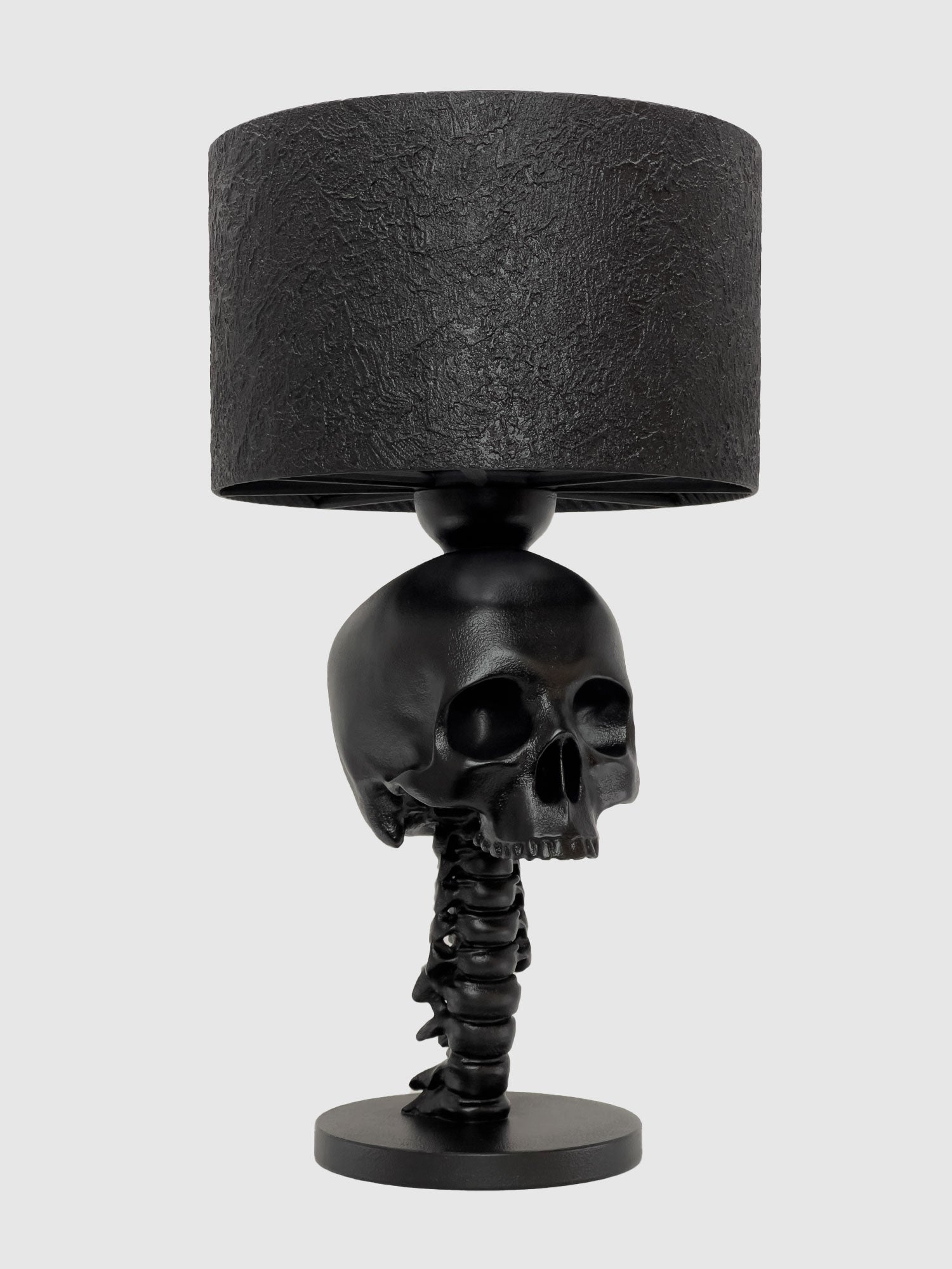 A three-quarter perspective of the Skull Spine Lamp, angled slightly to the right. This view highlights the depth of the cranial structure and the dramatic shadows within the eye sockets, showcasing its role as a statement piece for dark academia decor, created by Horror Romance.