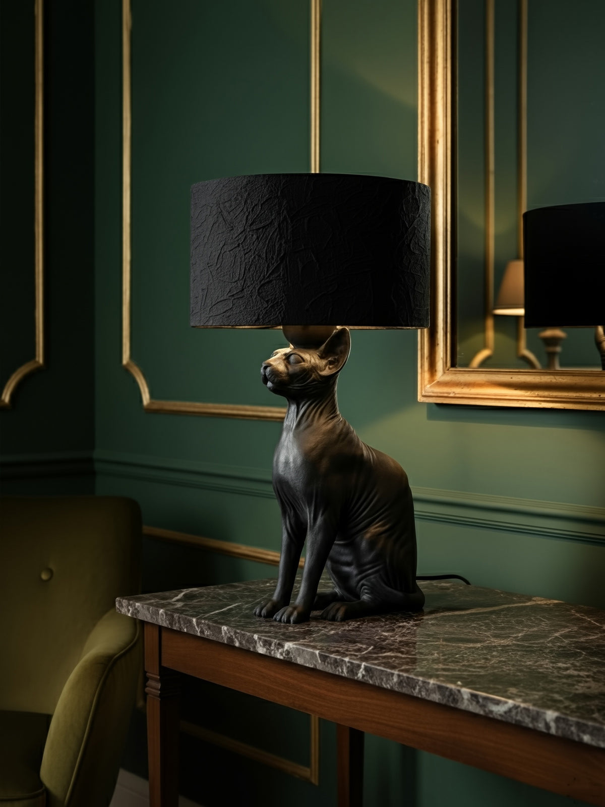 Side view of the Sphynx cat lamp, perfect for Dark Academia office decor and gothic bedroom lighting.