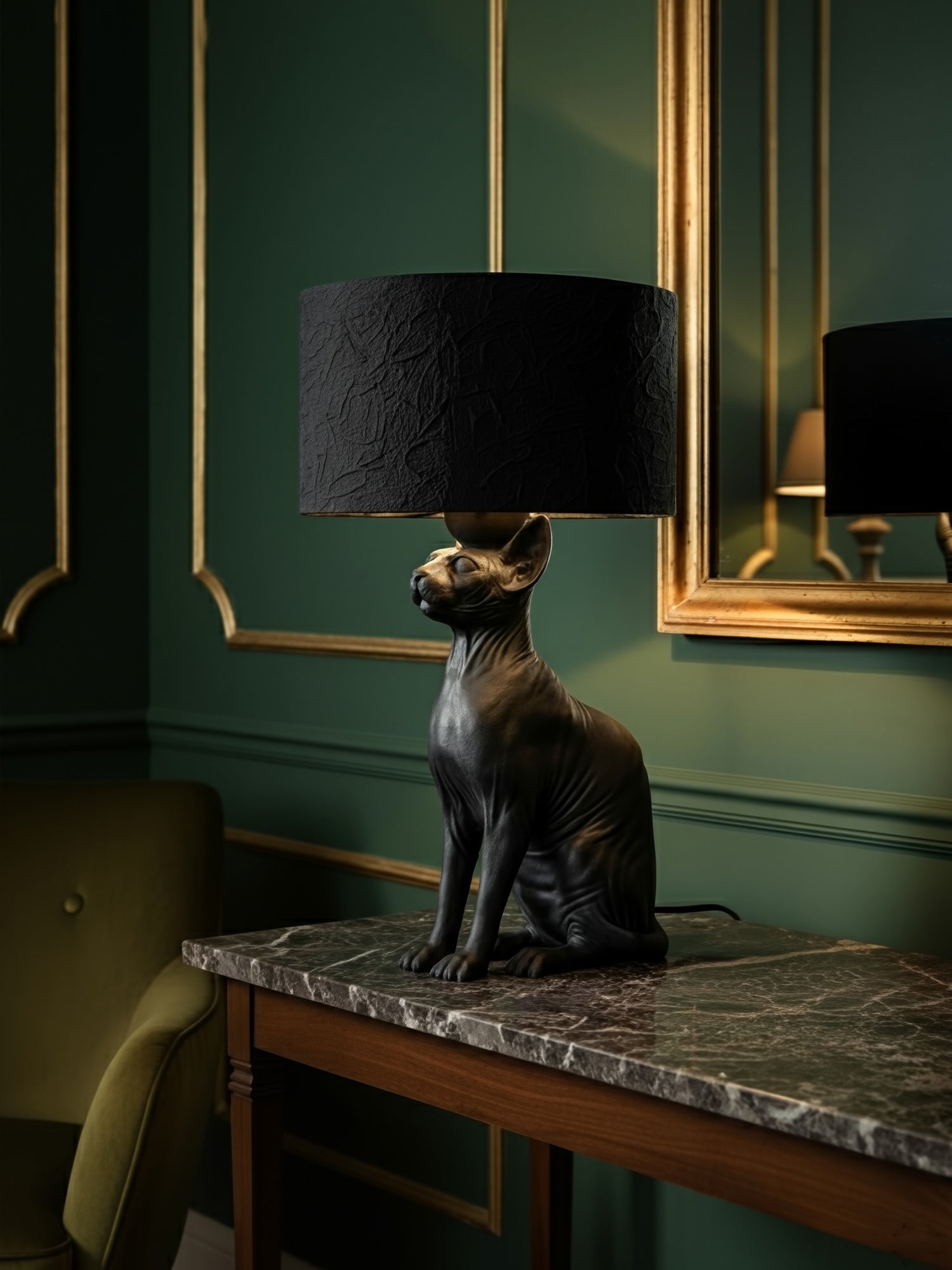 Side view of the Sphynx cat lamp, perfect for Dark Academia office decor and gothic bedroom lighting.