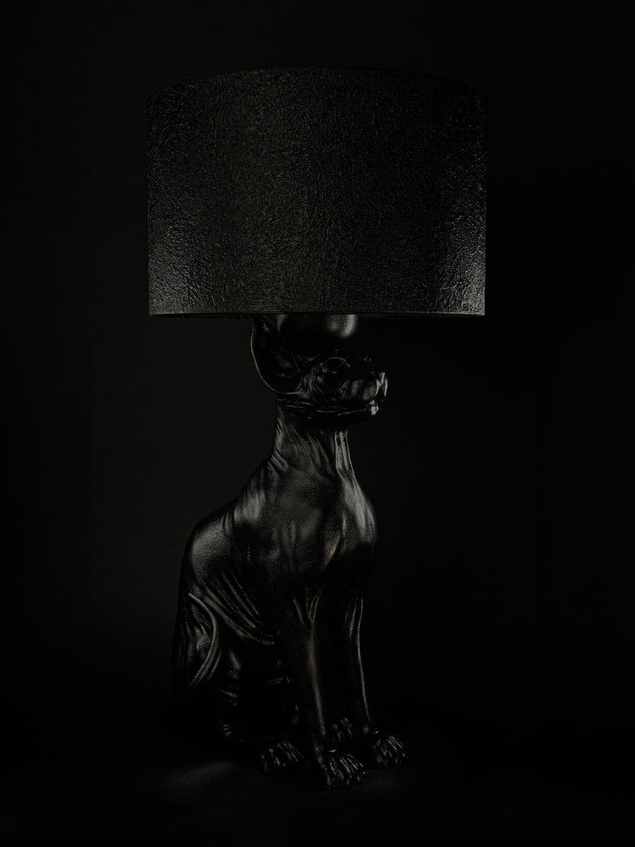 The Watcher satin-black Sphynx cat sculptural lamp with textured shade