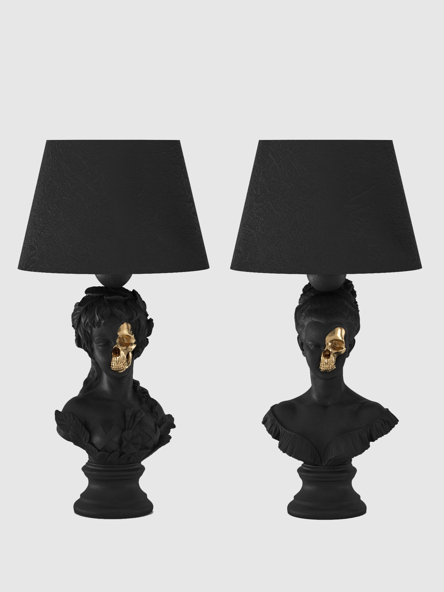 Venus & Hera Set lamps from Horror Romance, featuring black skull-accented sculptures on a white background.