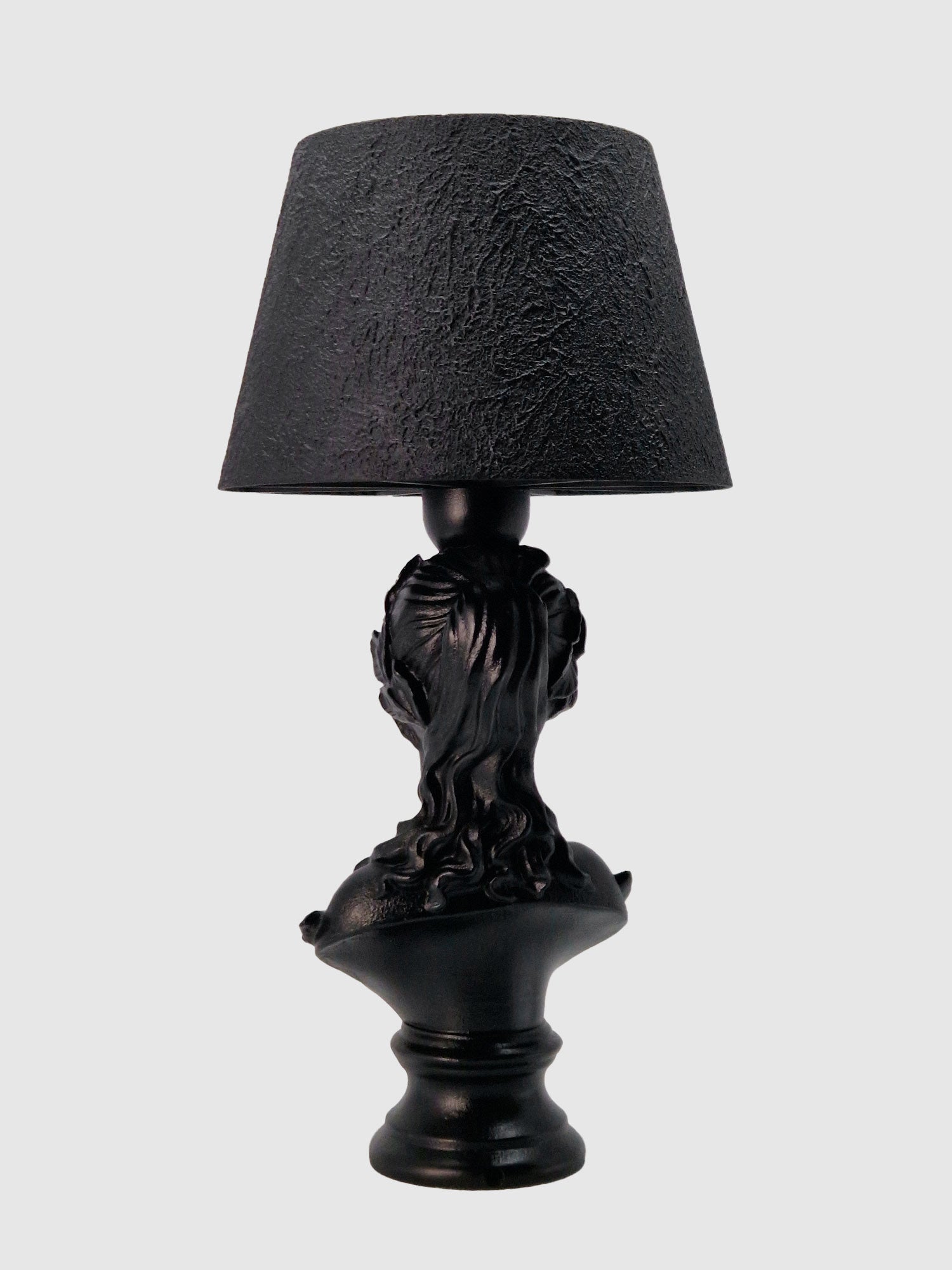 Back view of the Venus goddess bust lamp showing the detailed hair texture and elegant sculpture base, original Horror Romance design.