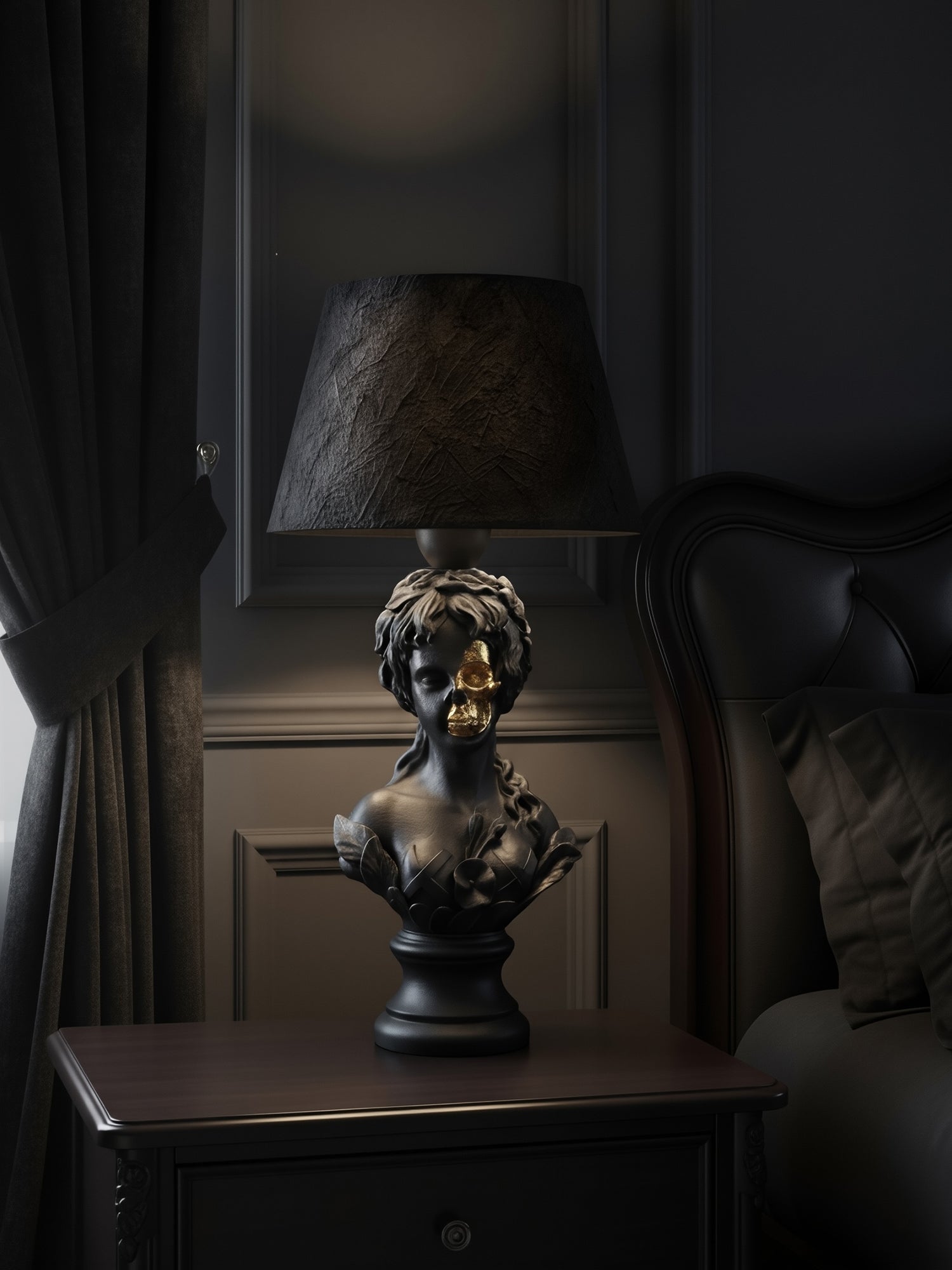 The Venus half-skull goddess lamp on a bedside table in a moody, elegant gothic interior.