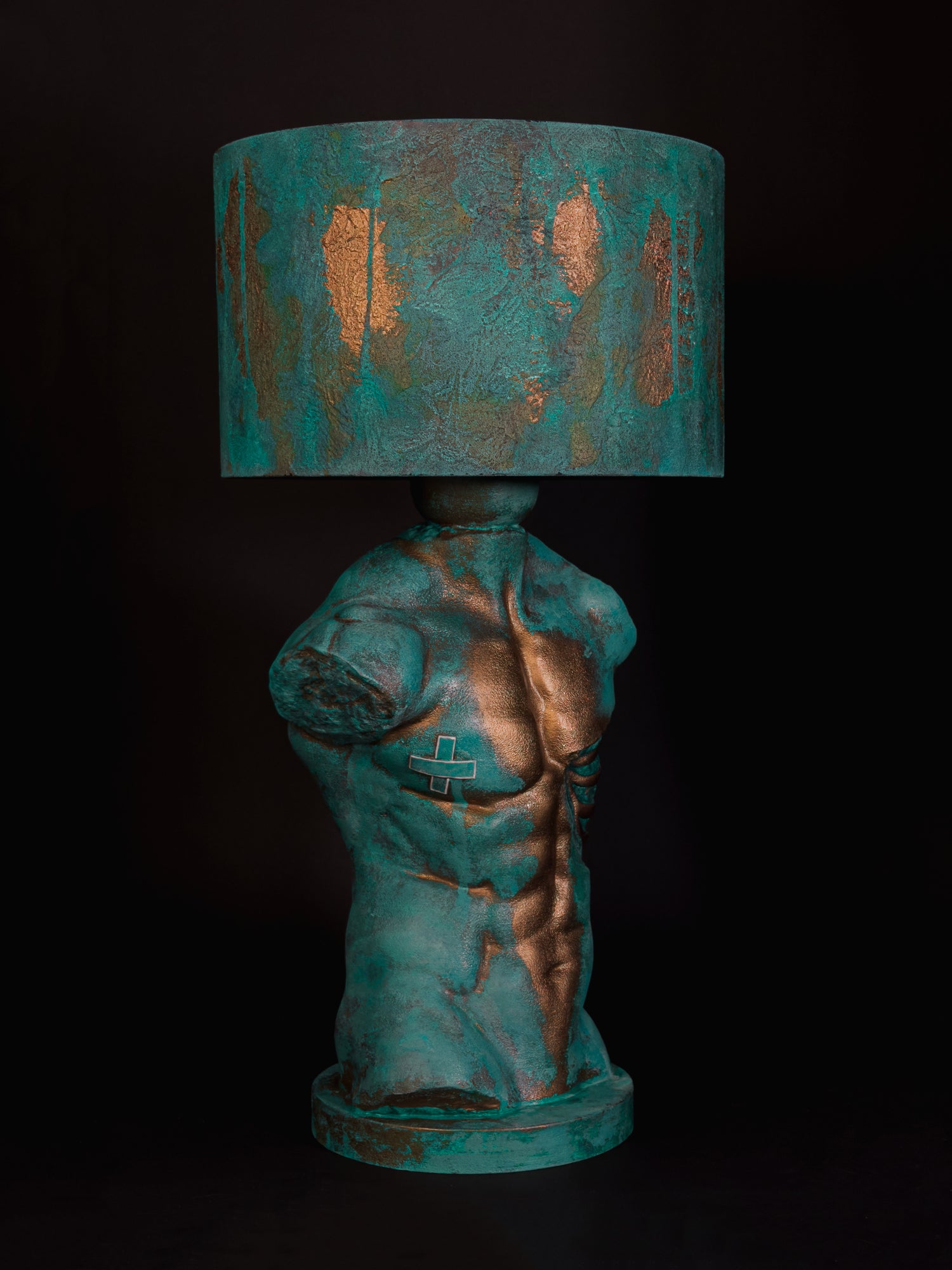 Opposite side of Verdigris Body Adam showing the sculpted chest, abdomen and textured shoulder