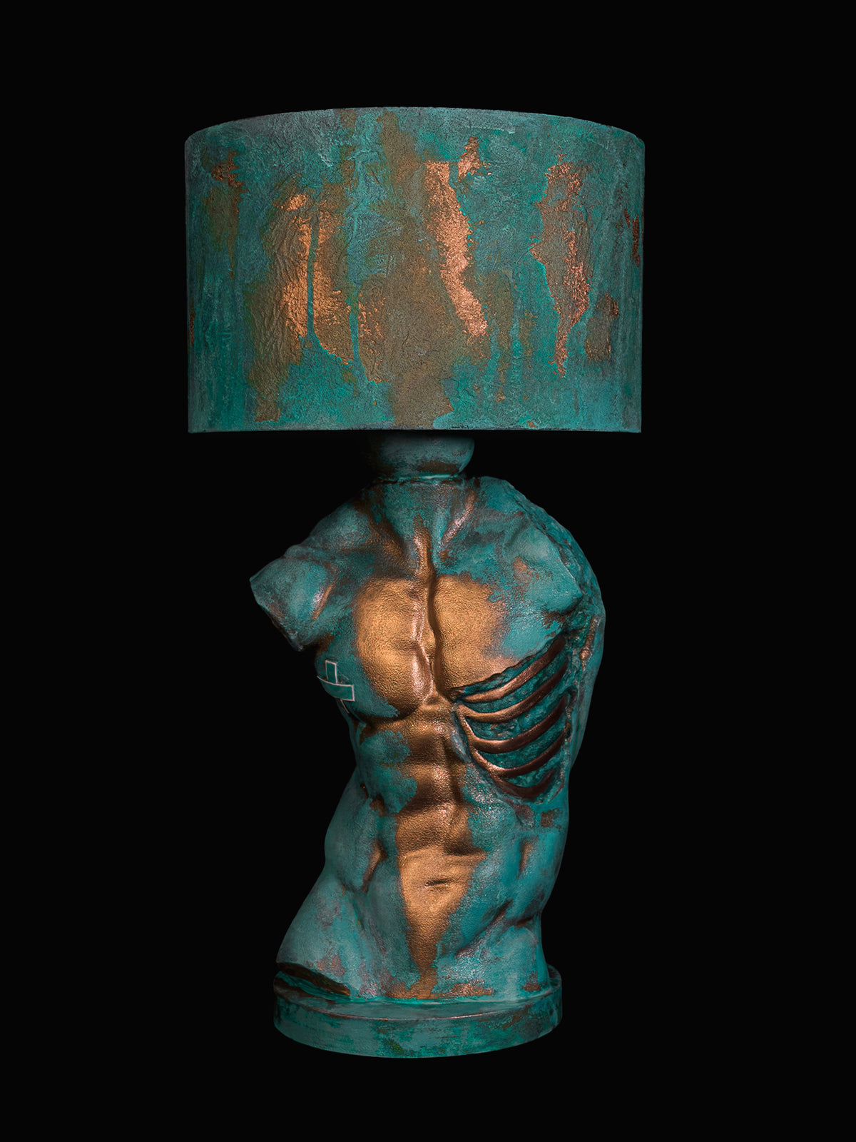 Verdigris Body Adam sculptural lamp with turquoise patina and exposed copper on a male torso and matching shade