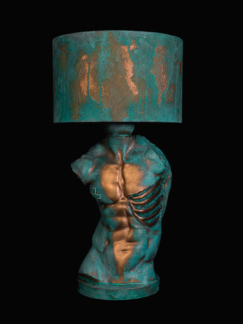 Verdigris Body Adam sculptural lamp with turquoise patina and exposed copper on a male torso and matching shade