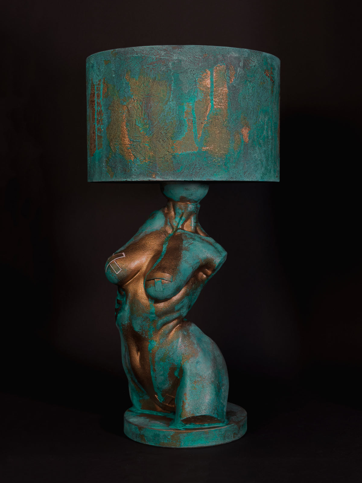 Opposite side of Verdigris Body Eve showing the curved torso and copper highlights beneath its matching shade